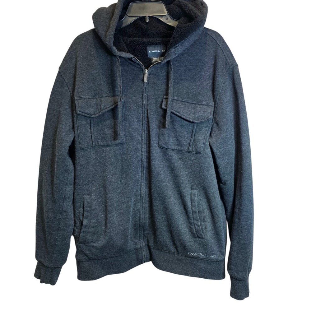 O'Neill Mens Fleece Lined Full Zip Hooded‎ Jacket Sz Large Dark Gray Pockets